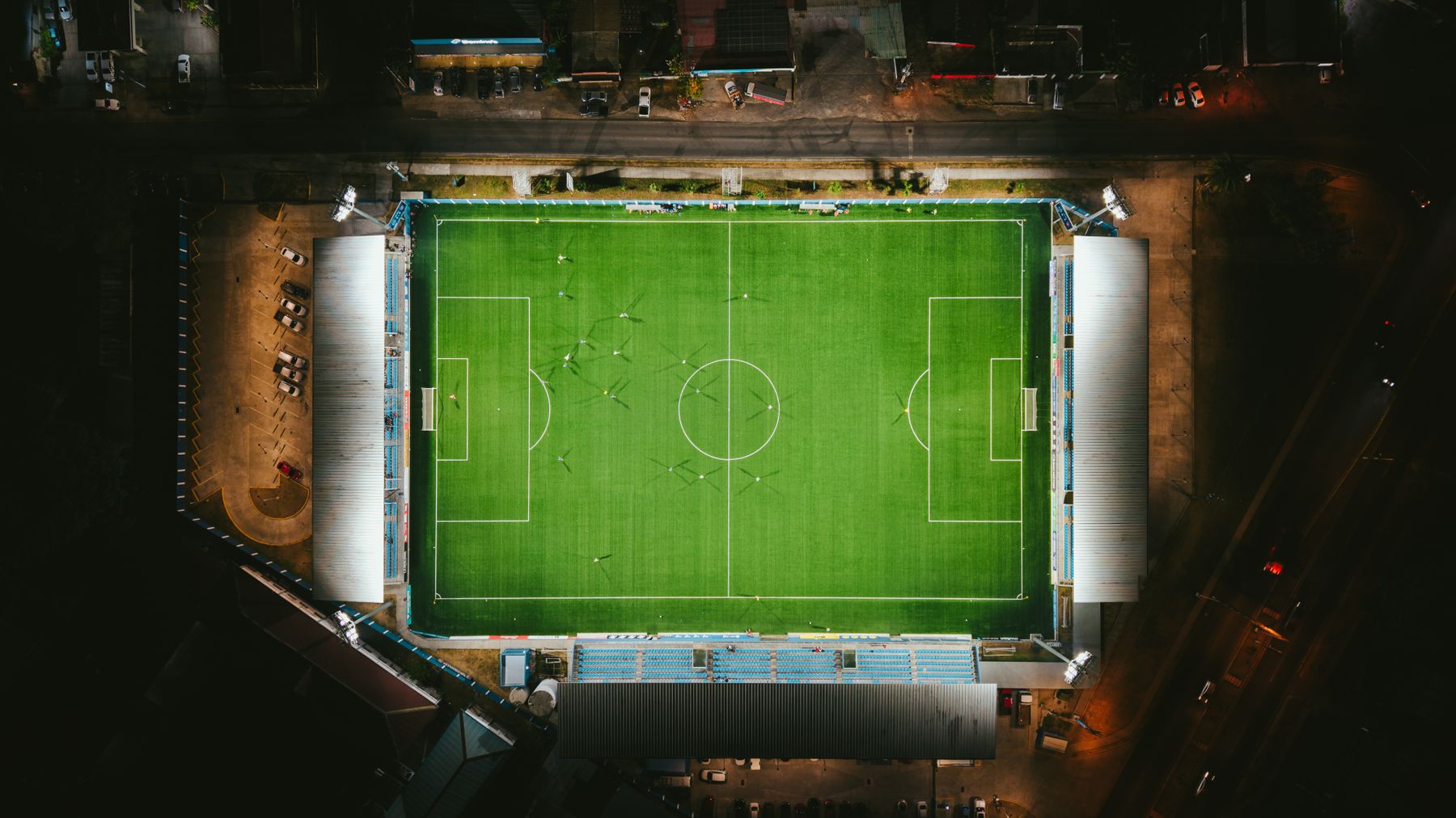 Aerial night view of an illuminated soccer field